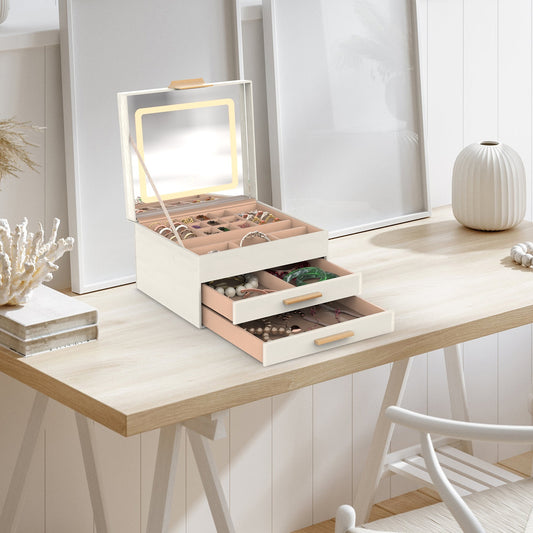 1 Set LED Aynalı Mücevher Kutusu, 2 Çekmeceli 3 Katlı Mücevher Düzenleyici, 3 Aynalı PU Mücevher Tutucu, Küpeler, Yüzükler, Bilezikler, Kolyeler İçin Kısılabilir Işık Renkleri