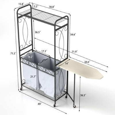 Askılı Ray ve Depolama Raflı Çok Fonksiyonlu Çamaşır Sepeti Düzenleyici Tekerlekli Çamaşır Arabası, Banyo, Çamaşır Odası veya Yatak Odası Düzenlemesi İçin Ağır Hizmet Tipi Metal Çerçeve