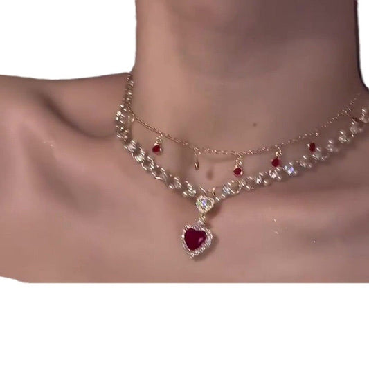 Red Love Pearl Double Layer Twin Necklace
