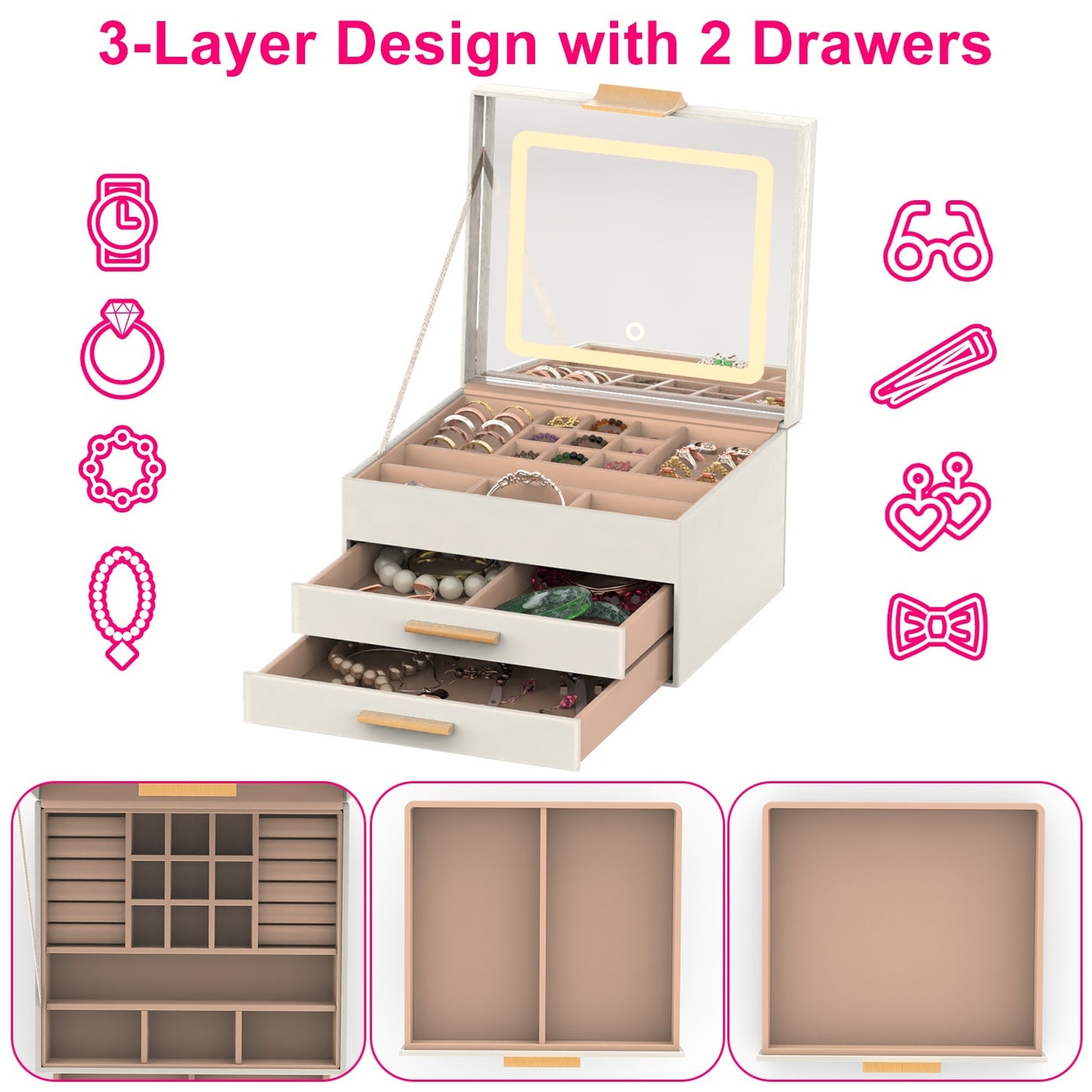 1 Set LED Aynalı Mücevher Kutusu, 2 Çekmeceli 3 Katlı Mücevher Düzenleyici, 3 Aynalı PU Mücevher Tutucu, Küpeler, Yüzükler, Bilezikler, Kolyeler İçin Kısılabilir Işık Renkleri
