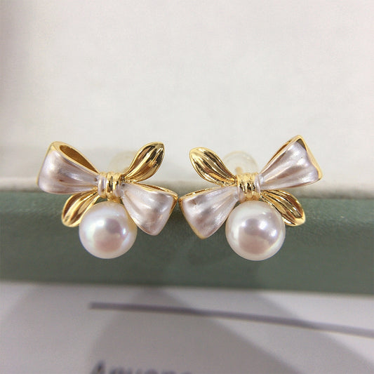 Exquisite Two-tone Bow Pearl Stud Earrings