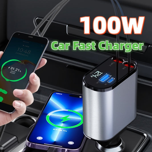 Metal Araç Şarj Cihazı 100W Süper Hızlı Şarjlı Araç Çakmak USB ve TYPE-C Adaptörü