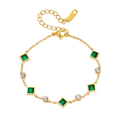 Fashion Gold-plated Titanium Steel Square Emerald Inlaid Rhinestone Bracelet