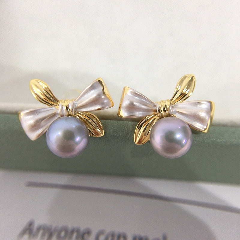 Exquisite Two-tone Bow Pearl Stud Earrings