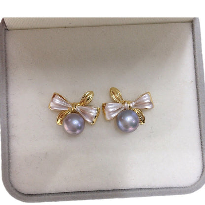Exquisite Two-tone Bow Pearl Stud Earrings