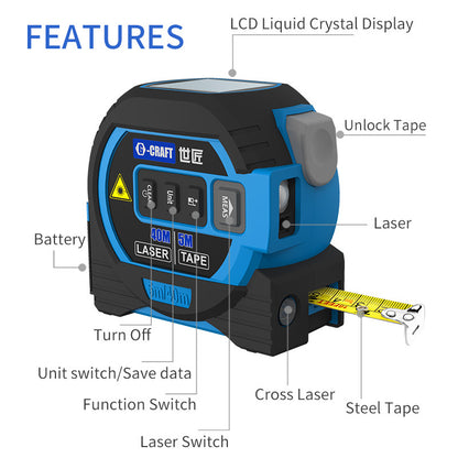 3'ü 1 Arada Lazer Ölçüm Bandı Mesafe Ölçer 5m Şerit Cetvel Kızılötesi Yüksek Hassasiyetli Akıllı Elektronik Cetvel Bina Mesafe Ölçer