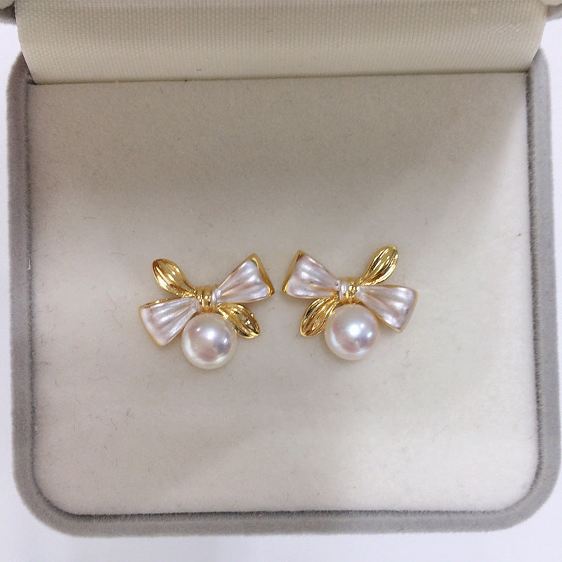 Exquisite Two-tone Bow Pearl Stud Earrings