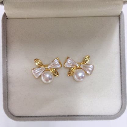 Exquisite Two-tone Bow Pearl Stud Earrings