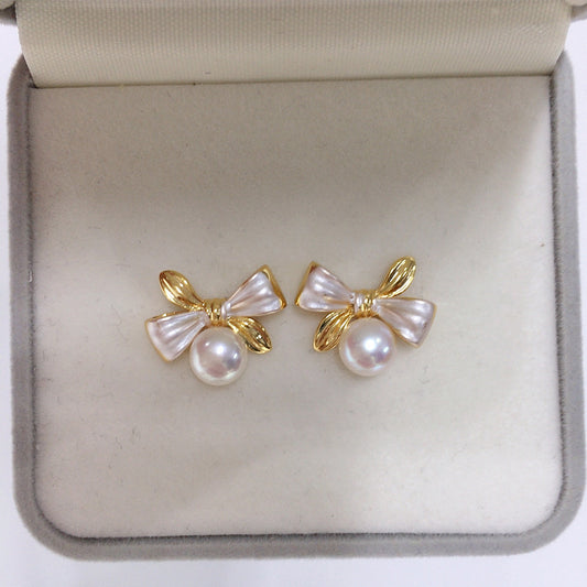 Exquisite Two-tone Bow Pearl Stud Earrings